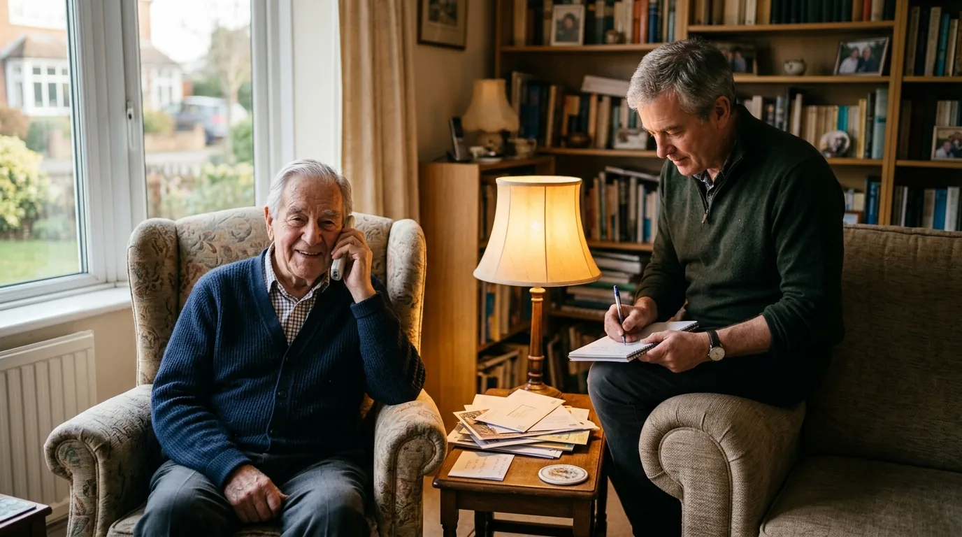 An older man in an armchair holding a cordless phone to his ear, relaxed and mid conversation, with his son sitting on the arm of the sofa beside him taking notes.
