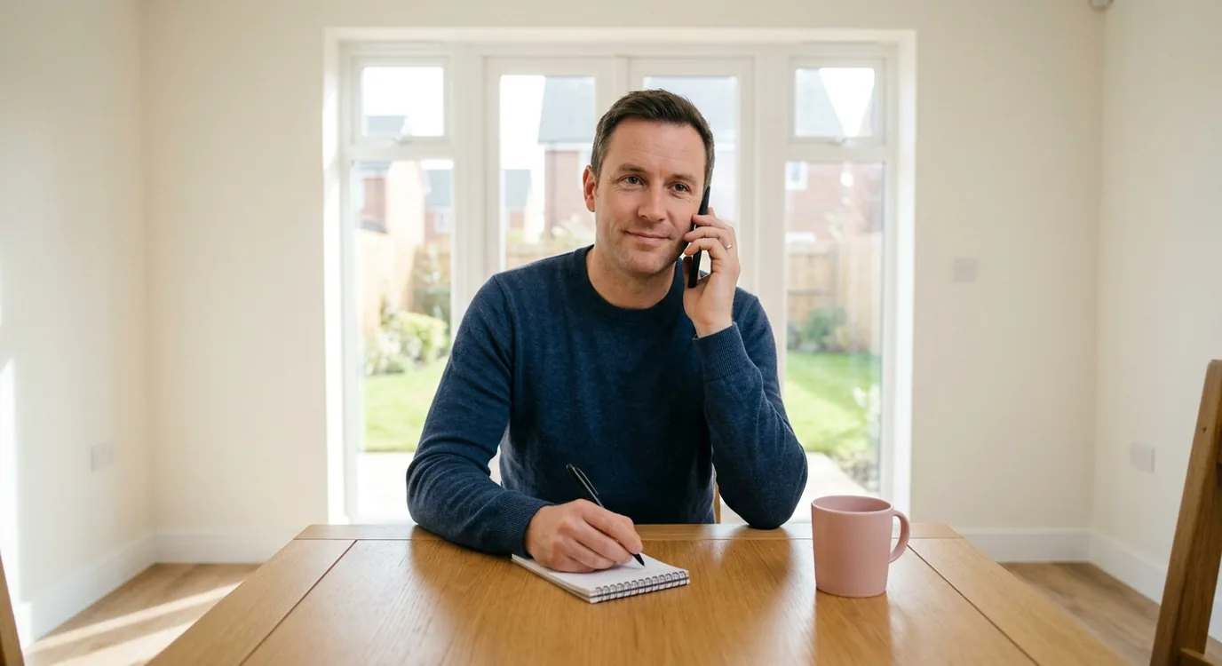 A man at a dining table writing on a notepad with a phone to his ear, in a new-build home.