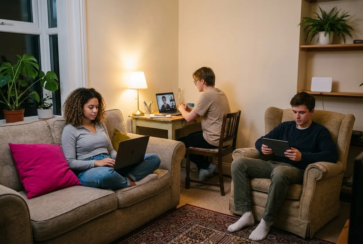 Three housemates in a rented living room using the internet at the same time, one on a video call, one on a laptop and one on a tablet, with the router on a shelf behind them.