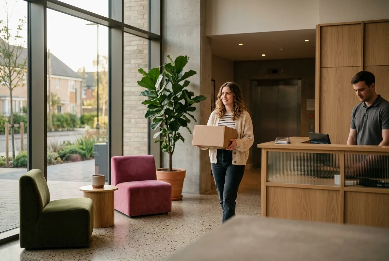 The lobby of a modern UK build-to-rent apartment building, with a concierge desk, soft seating and a resident crossing the frame carrying a parcel.