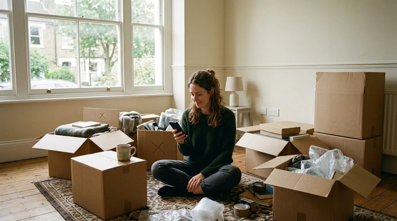 A woman sitting on the floor of a British living room on moving day among half unpacked cardboard boxes, looking at her mobile phone with a patient half smile, a mug of tea on a box beside her.