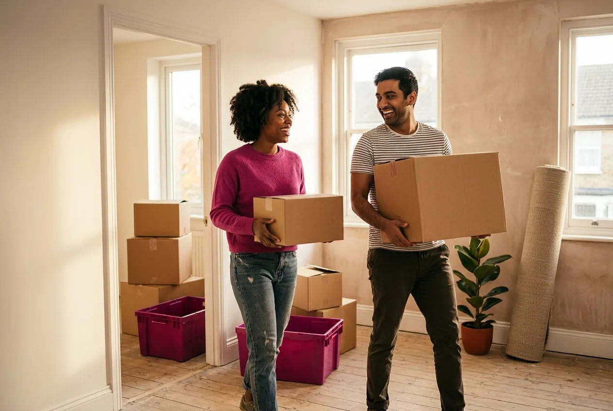 A couple in their late twenties carrying cardboard boxes into the living room of a bright UK flat on moving-in day, both laughing.