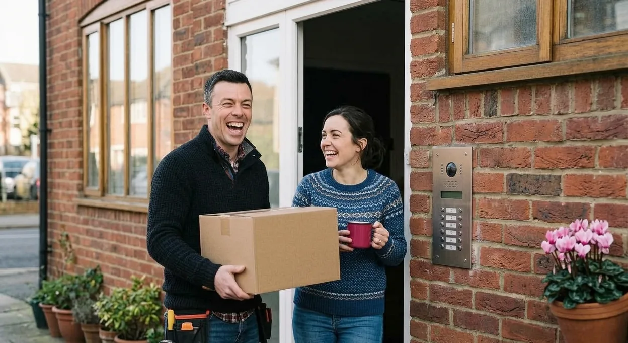 A young couple laughing together at the communal entrance of a British apartment block, the man carrying a cardboard box and the woman holding a mug, with a door entry panel on the brick beside them.