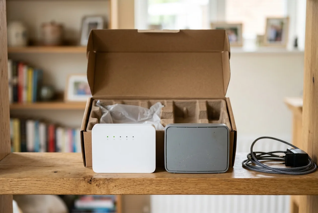 A new white broadband router newly unboxed on a wooden shelf beside the older grey router it replaces, with the open cardboard box behind them and a coiled cable to one side.