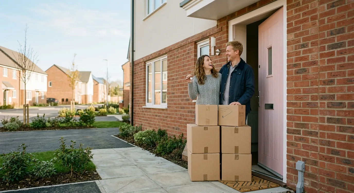 A couple on the doorstep of a new-build home on moving day, one holding a set of keys, both smiling.