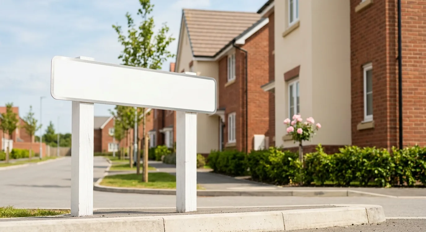 A new street name sign on a post at the entrance to a recently built housing development.