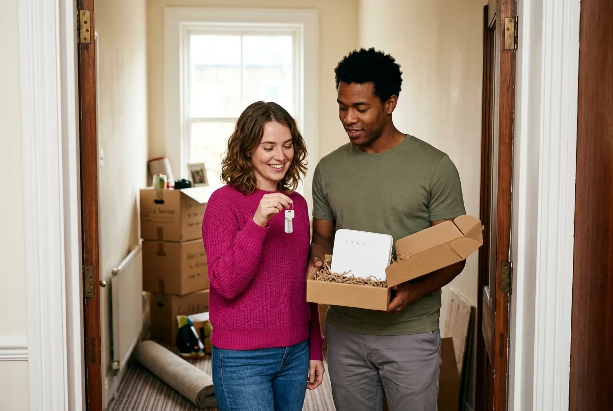 A couple in their twenties in the doorway of a rented flat on moving day, one holding keys and the other a router still in its box, with packing boxes behind them.