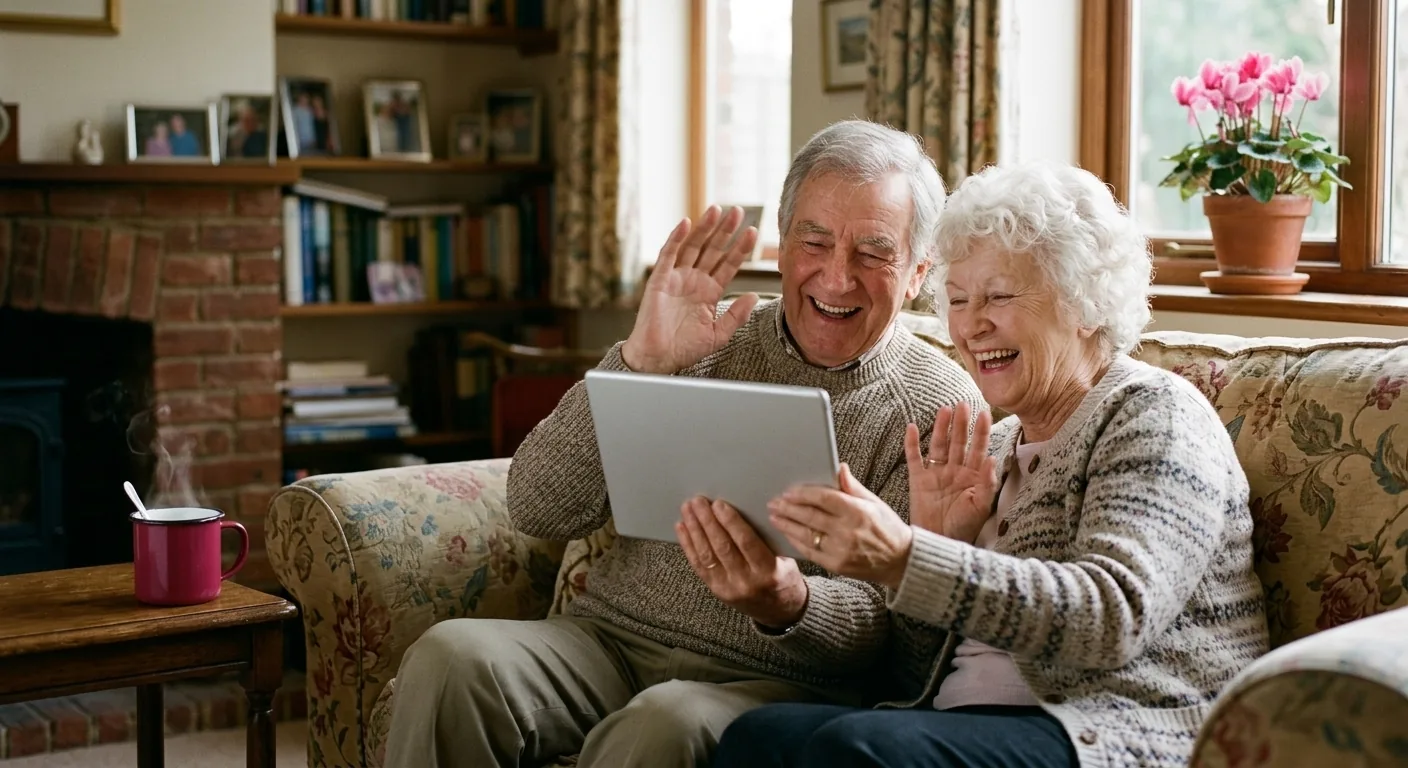 An older couple on a sofa in a British sitting room, laughing and waving at their family on a tablet video call.