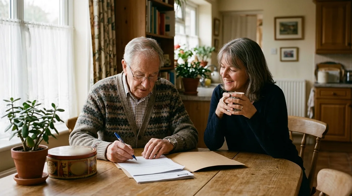 An older man and his daughter sitting side by side at a dining table with a small stack of paperwork, he reading a page with a pen in his hand, she sitting back with a mug letting him read.