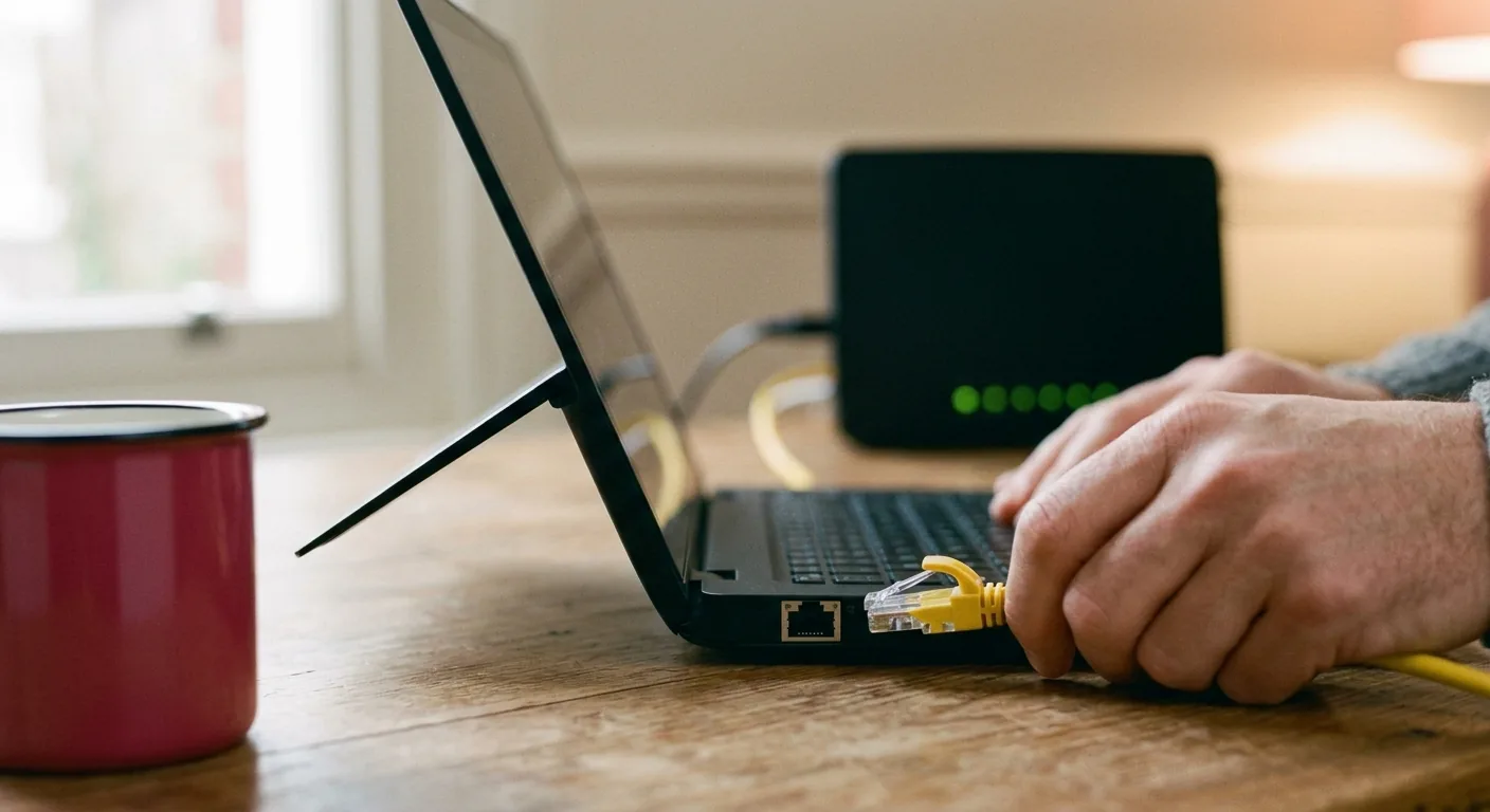 A close-up of a man's hand pushing a yellow ethernet cable into the socket on the side of a laptop, with a plain black router softly out of focus behind.