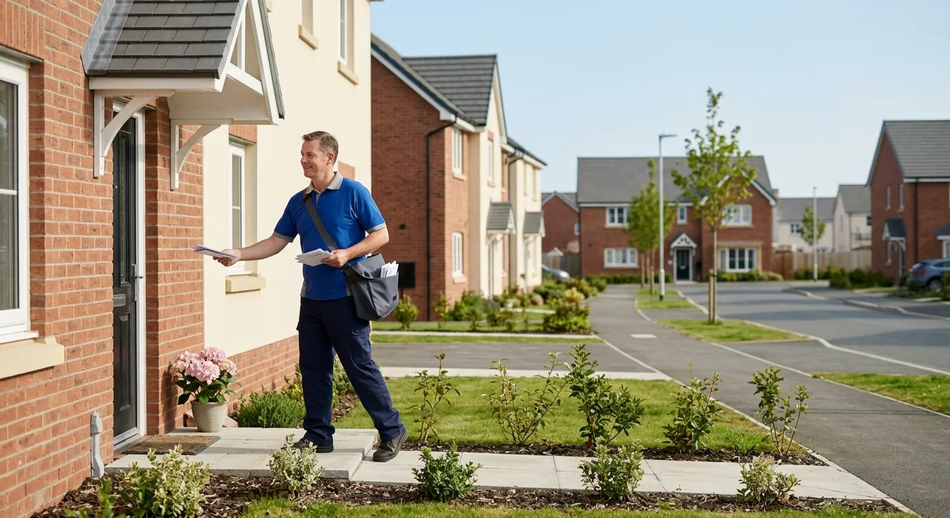 A postman walking up the path of a newly built house with letters in hand, on a bright morning on a new estate.