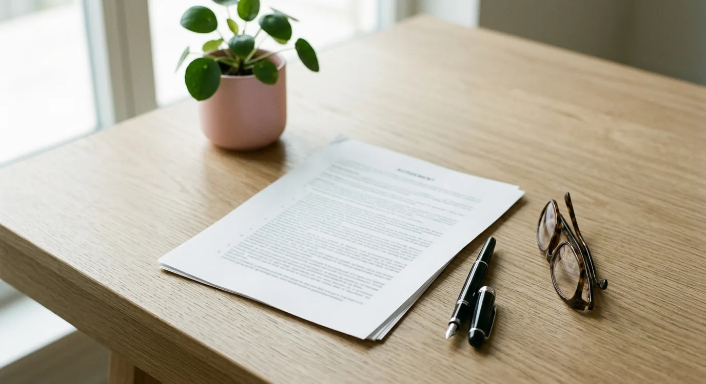 A printed agreement lying on a desk beside a pen and a pair of reading glasses.