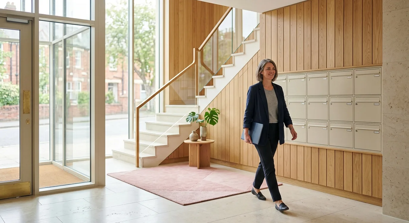 A property manager walking through the bright lobby of a UK apartment building with a folder under one arm.