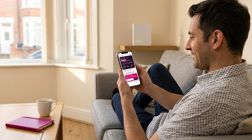 A man on a sofa reading his Pulse broadband speed test result on his phone: 142 Mbps, good for a busy home