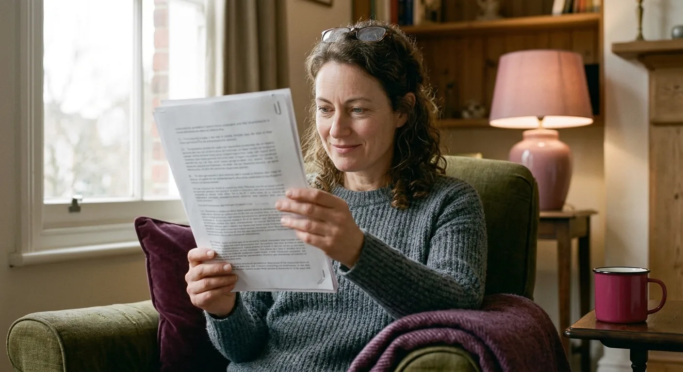A woman in her fifties in an armchair holding several stapled pages up to the light, reading closely with her glasses pushed up on her head and a faint smile.