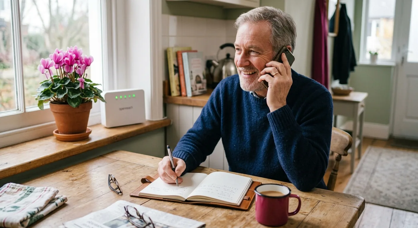 A cheerful man in his sixties at a British kitchen table, on his mobile and writing his fault reference number in a notebook.