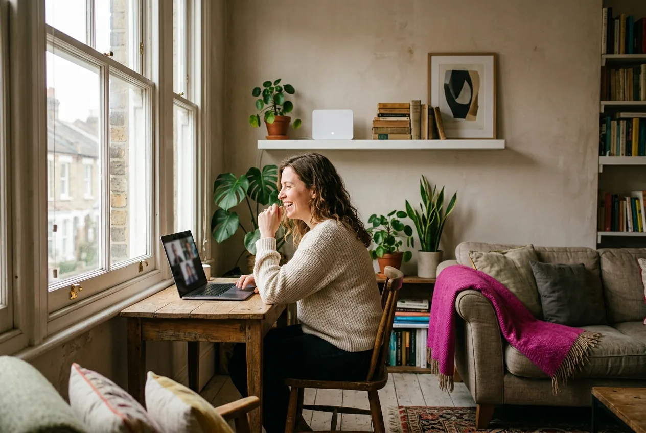 A woman in her thirties at a small desk by a tall sash window in a UK flat, laughing during a video call, with a small white router on a shelf behind her.