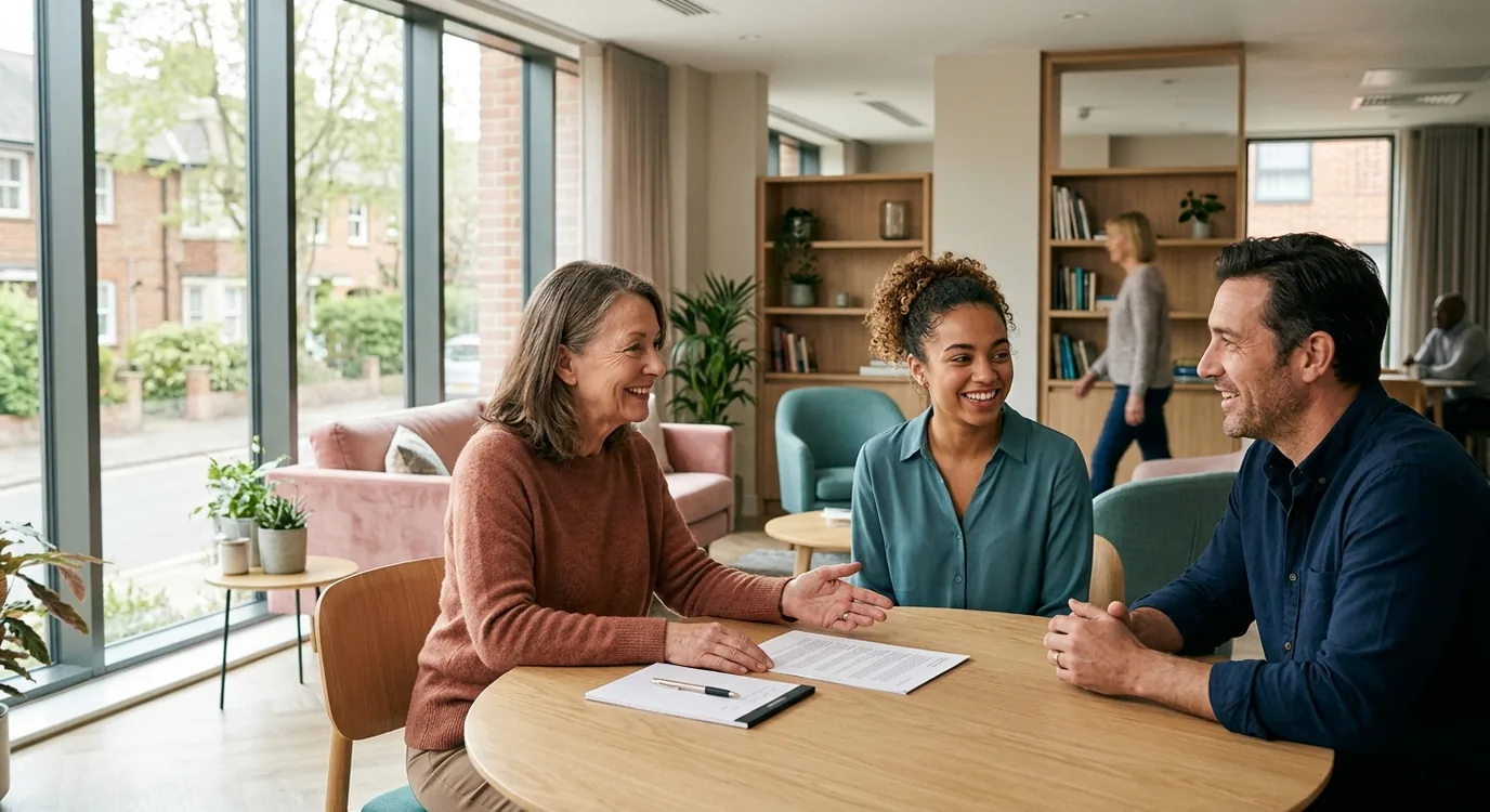 Three residents of a block of flats sitting around a table in a communal room, talking over a document together.