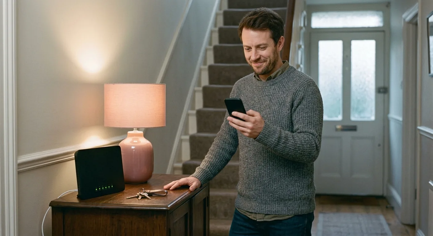 A man standing beside a hallway table with one hand resting on it, looking at a phone with a half smile, a plain black router with green status lights on the table beside him.