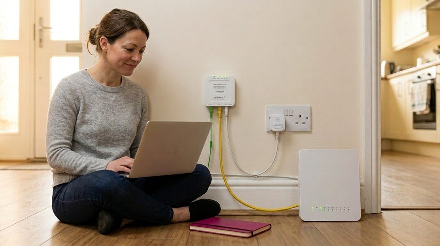 A woman sitting on the floor beside her router running the test on a laptop, the Wi-Fi or line check