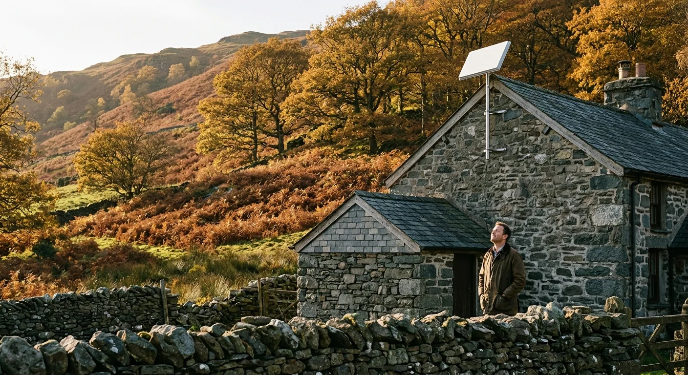 A flat white rectangular satellite terminal mounted on the gable end of a grey stone cottage with autumn hillside behind.