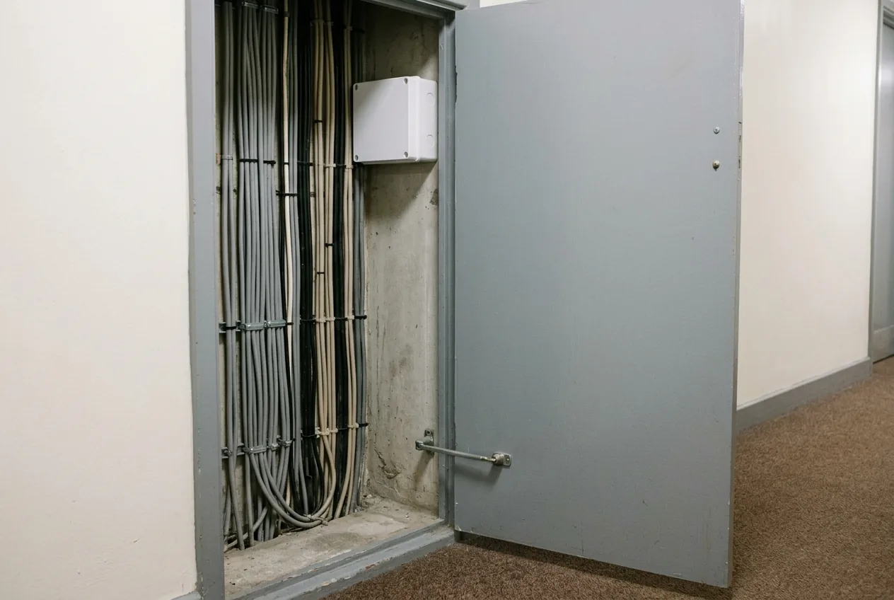 An open services riser cupboard in the communal corridor of a UK block of flats, with bundled grey and black cables running vertically and a small plain white junction box.
