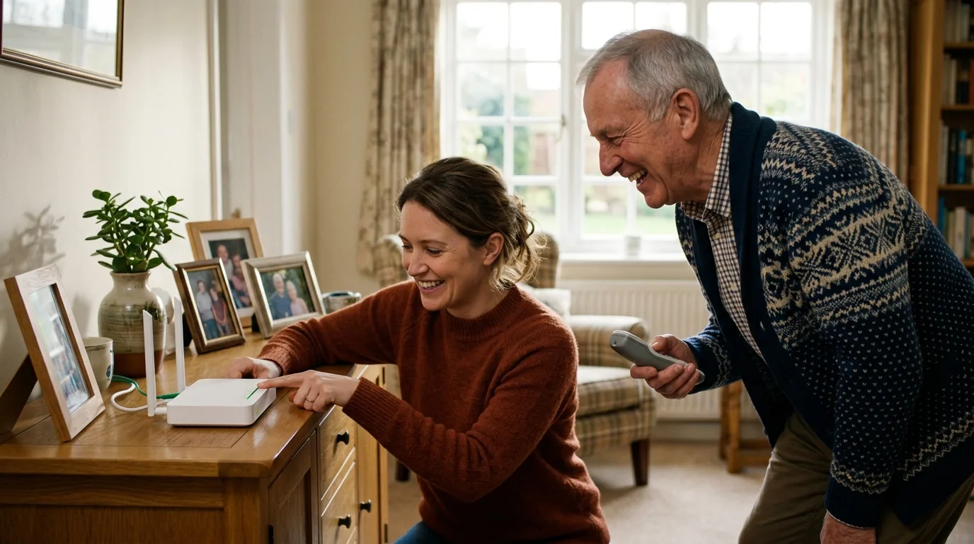A woman crouching beside a sideboard pointing at the back of a white broadband router while her father stands beside her holding a cordless handset and laughing.
