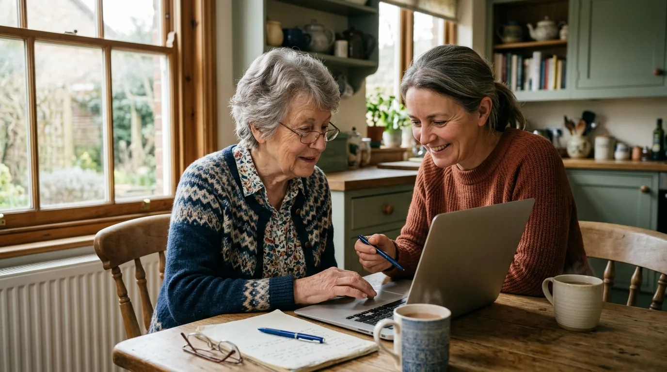 A woman in her forties sitting beside her mother at a kitchen table in front of a laptop, the older woman’s hand on the trackpad while her daughter points at the screen with a pen.