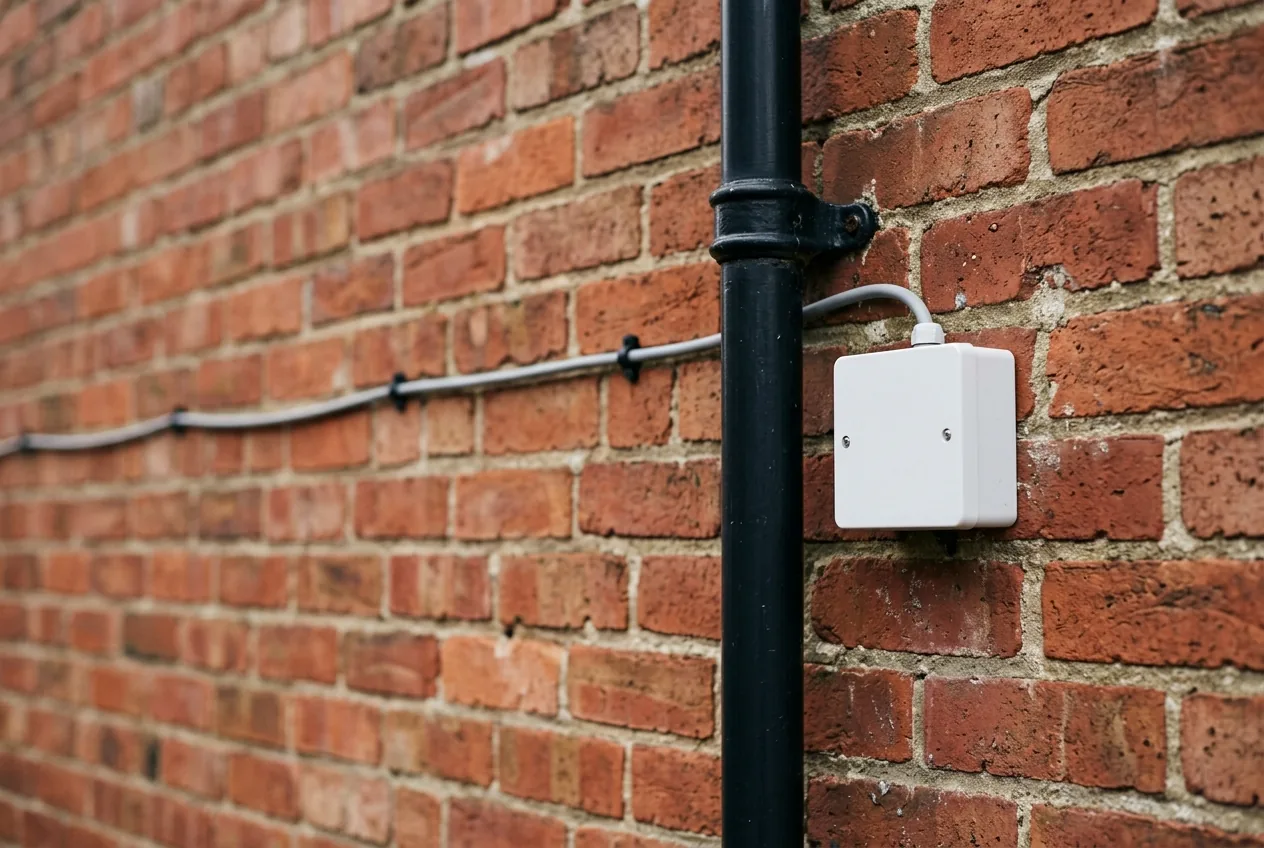 A small plain white junction box about the size of a hand, fitted neatly on the brick wall of a UK terraced house beside a downpipe.