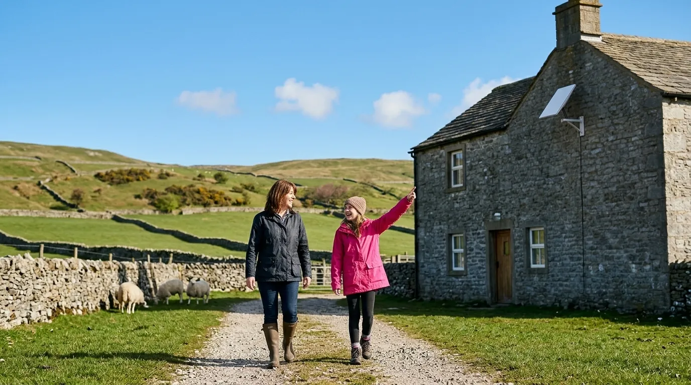 A mum and her teenage daughter in a pink raincoat walk up a farm track in the Yorkshire Dales, the daughter pointing at the Starlink satellite dish fixed to their stone farmhouse.