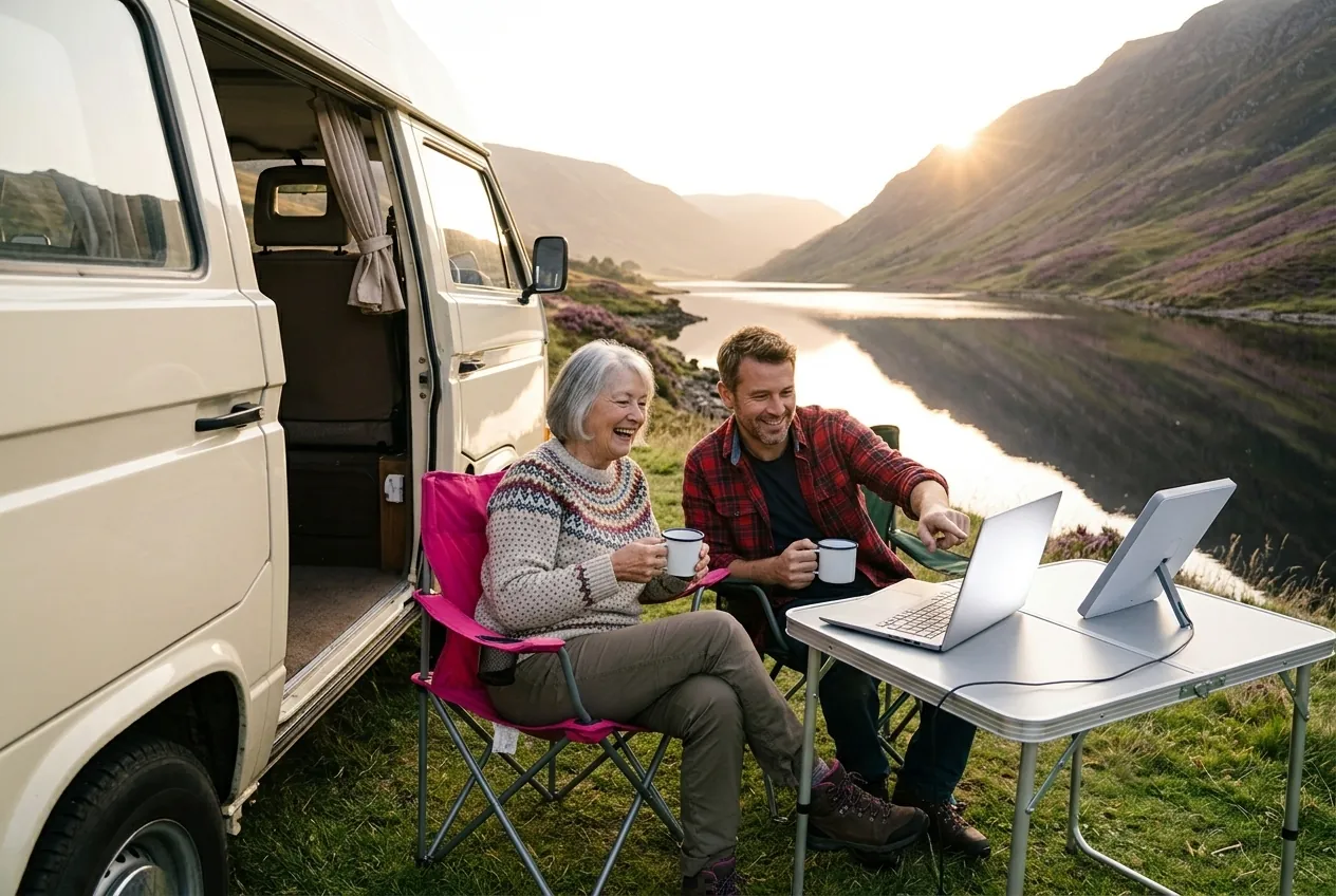 A mother and her grown-up son laugh over a laptop beside their campervan at a Highland loch, with a Starlink Mini dish on the camping table.