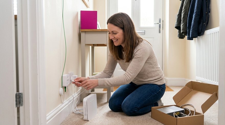 A smiling woman kneels in a bright UK hallway and plugs a new white broadband router into the small white full fibre box on the wall, the thin green fibre lead visible, with the old router boxed up beside her.