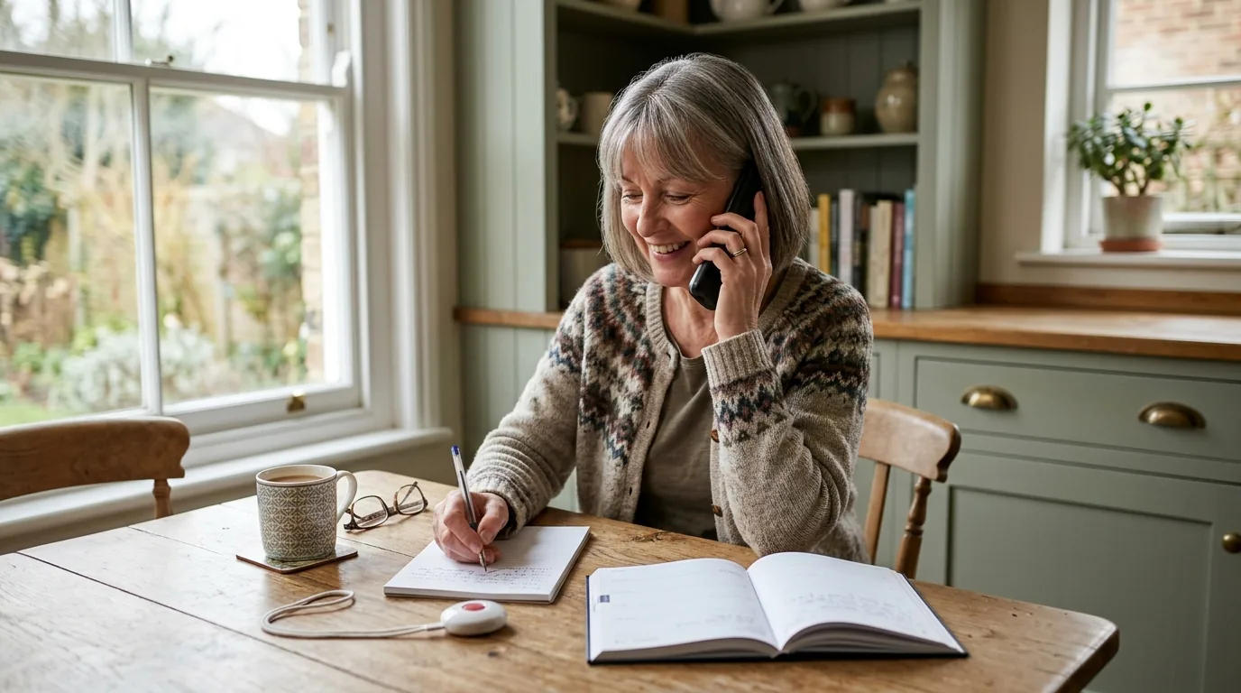 A woman in her sixties at a kitchen table on a cordless phone, writing in a notepad with an open diary in front of her and a small white pendant alarm on the table beside it.