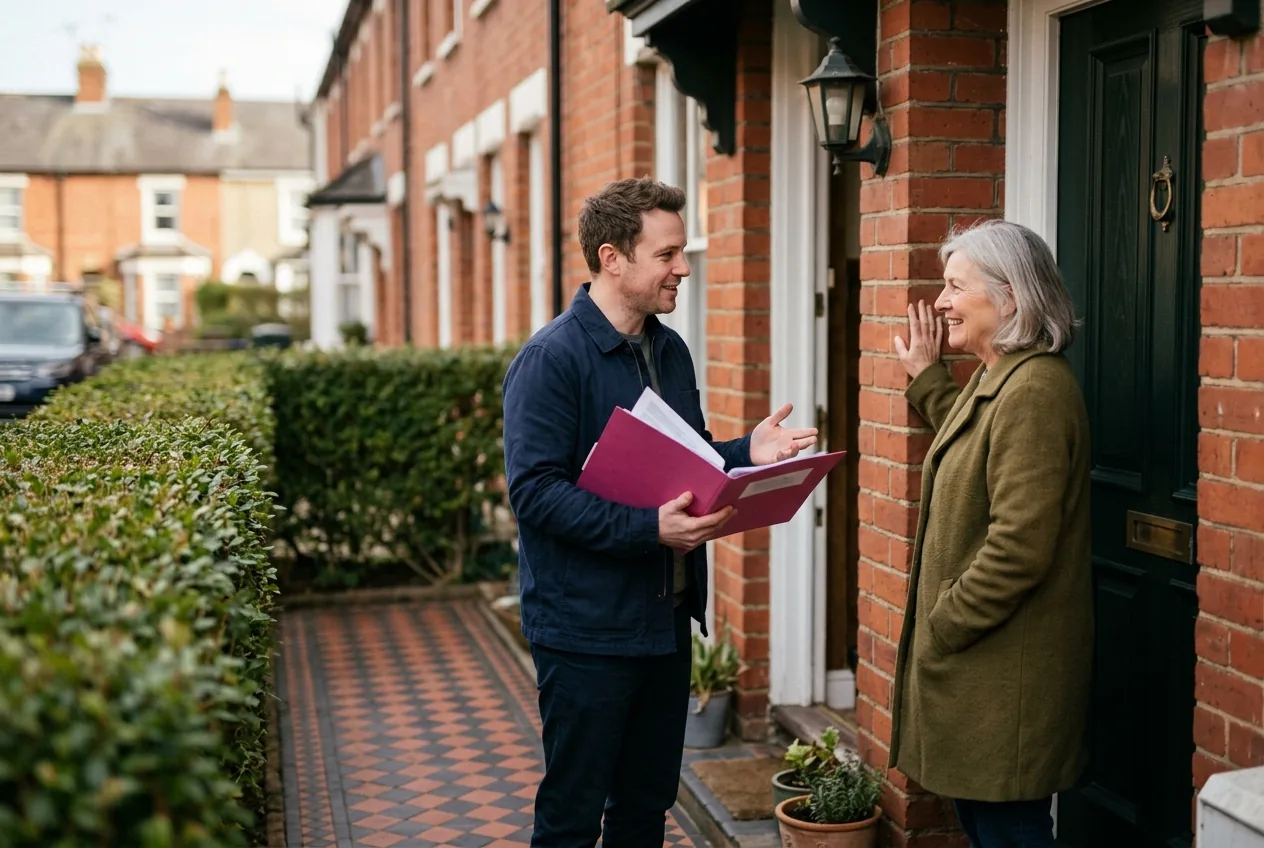 A tenant and a landlord talking on the doorstep of a UK terraced house, both relaxed, one holding a folder of paperwork.