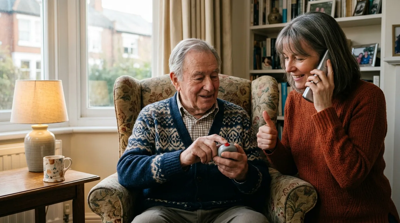 An older man in an armchair pressing the button on a pendant alarm while his daughter stands beside him with a cordless phone to her ear, smiling and giving a thumbs up.