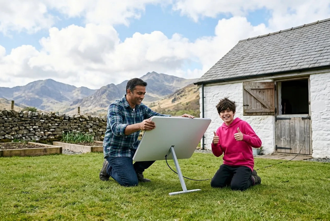 A dad and his son in a pink hoodie set up a Starlink dish on its kickstand on the lawn of their cottage garden in Snowdonia, with mountains behind.