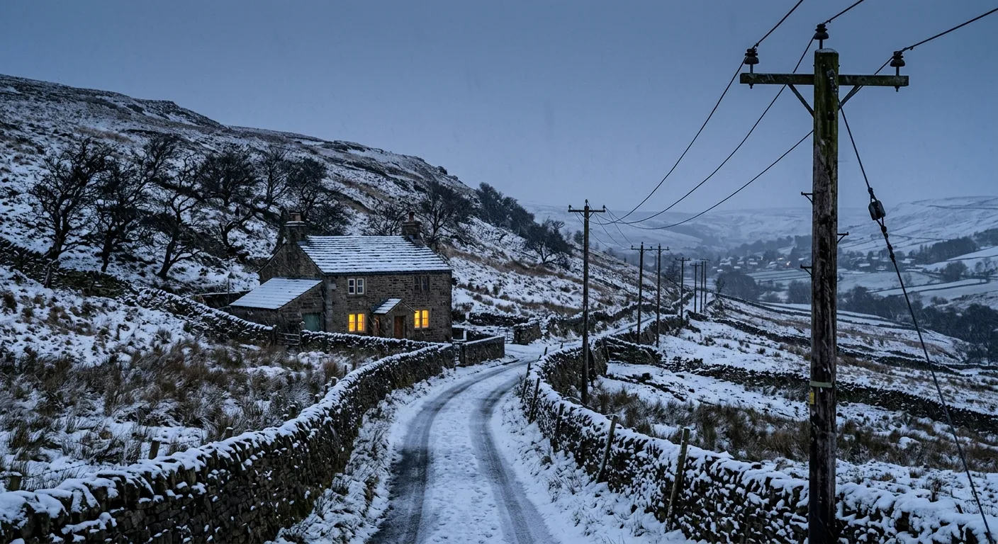 A lit stone farmhouse at the end of a snowy lane with a line of wooden telegraph poles running away down the valley.