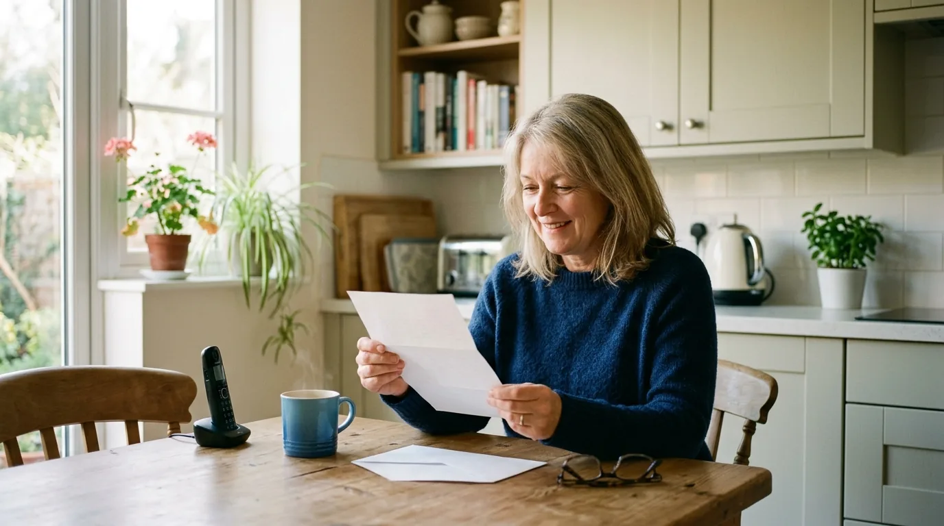 A woman in her fifties sitting at a British kitchen table in morning light, smiling as she reads a letter from her broadband provider about the digital landline switchover, a cordless phone handset on the table beside her.