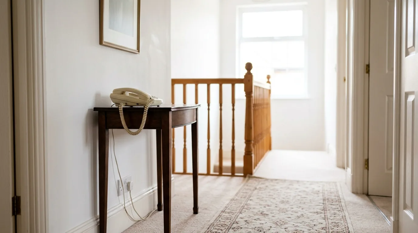 A cream corded telephone on a small dark wood table on an upstairs landing in a British home, its cable running down to a white extension socket on the skirting board.