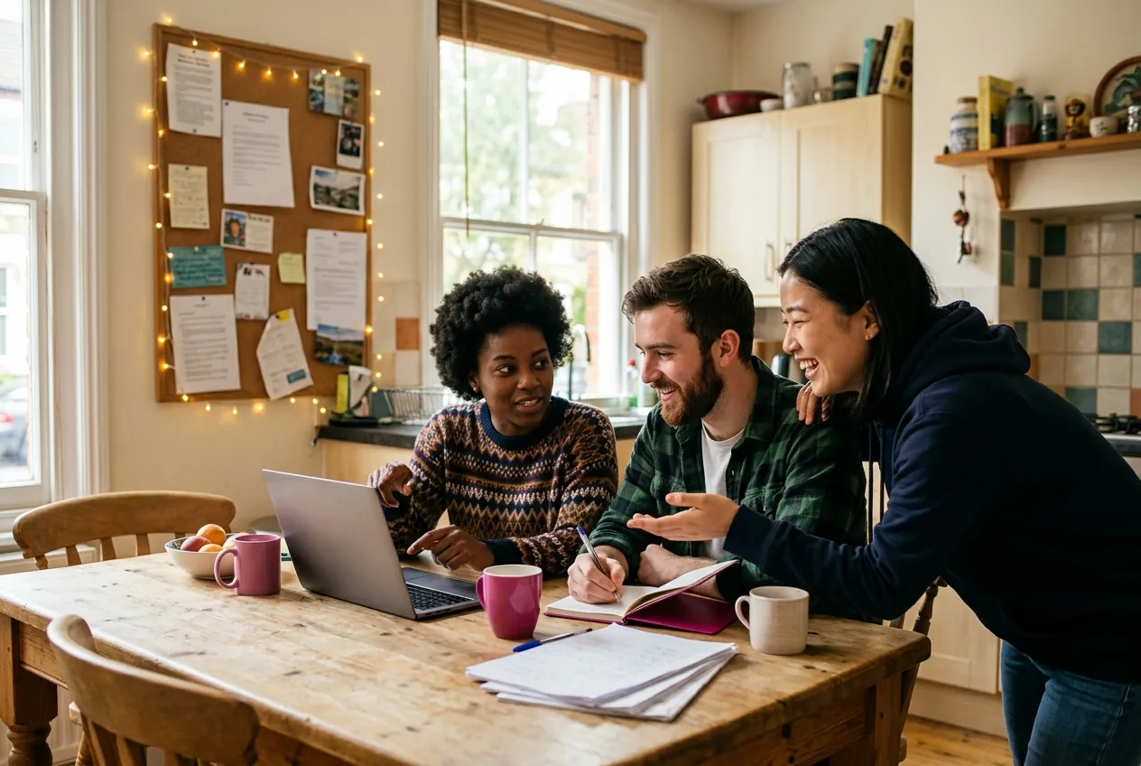 Three housemates in their twenties round a kitchen table with a laptop and a notebook, working out who pays what.