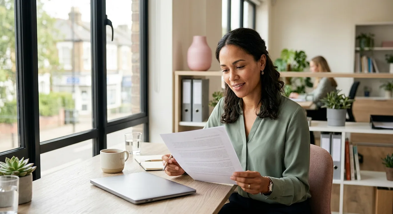 A managing agent at a desk reading a printed wayleave agreement, pen in hand, looking unhurried and interested.
