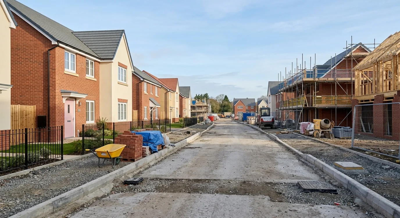 A new-build housing estate part way through construction, with finished homes on one side and unmade road on the other.