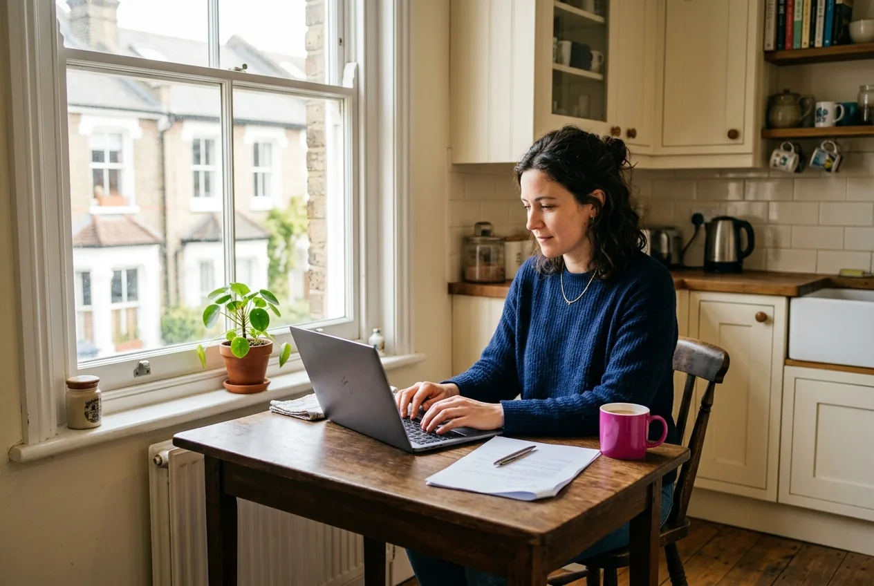 A woman in her thirties at a kitchen table in a rented flat, typing an email on a laptop with a tenancy agreement and a mug beside her.