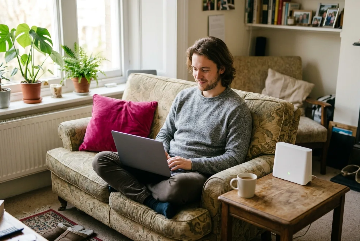 A man in his late twenties on a sofa in a rented flat, comparing broadband on a laptop, with a small white router on the side table beside him.