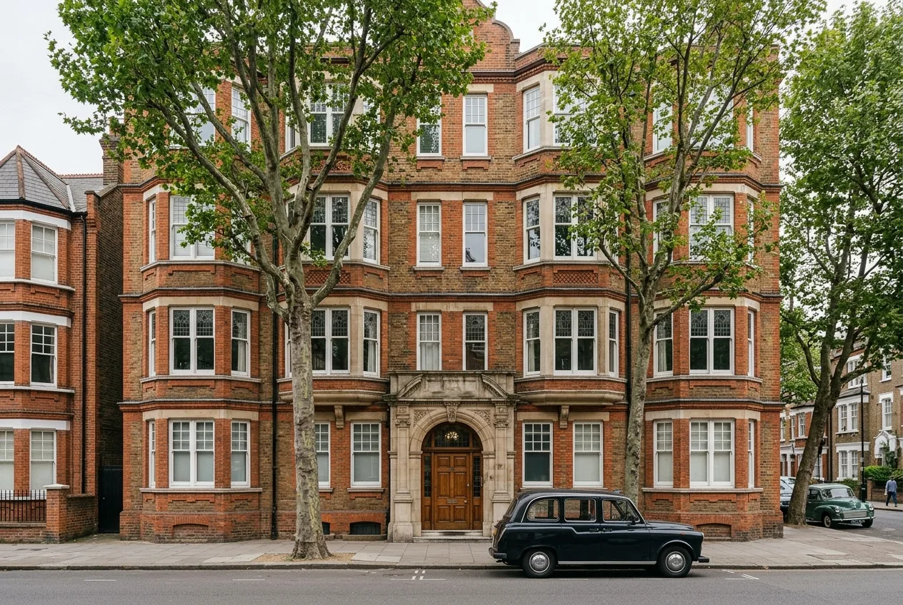 The red brick exterior of a four storey Victorian mansion block of flats on a London street, with bay windows, a stone-framed communal entrance and plane trees in front.