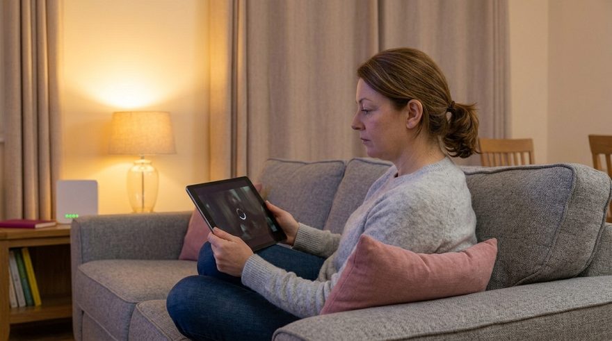 A woman on a sofa in the evening waiting for a video to load on a tablet, the loading circle on screen