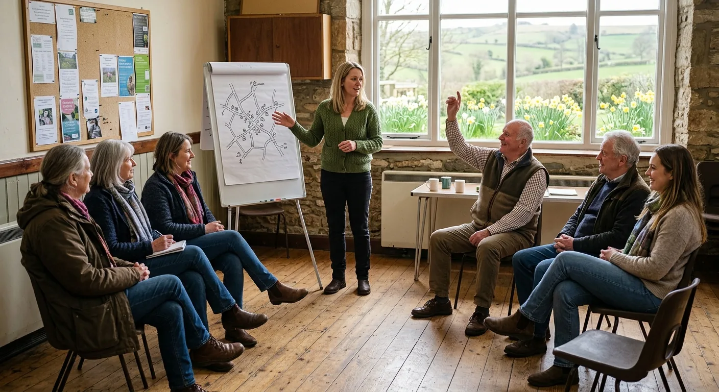Residents of a rural village sitting in a village hall listening to a woman presenting a hand-drawn map of the village on a flipchart.