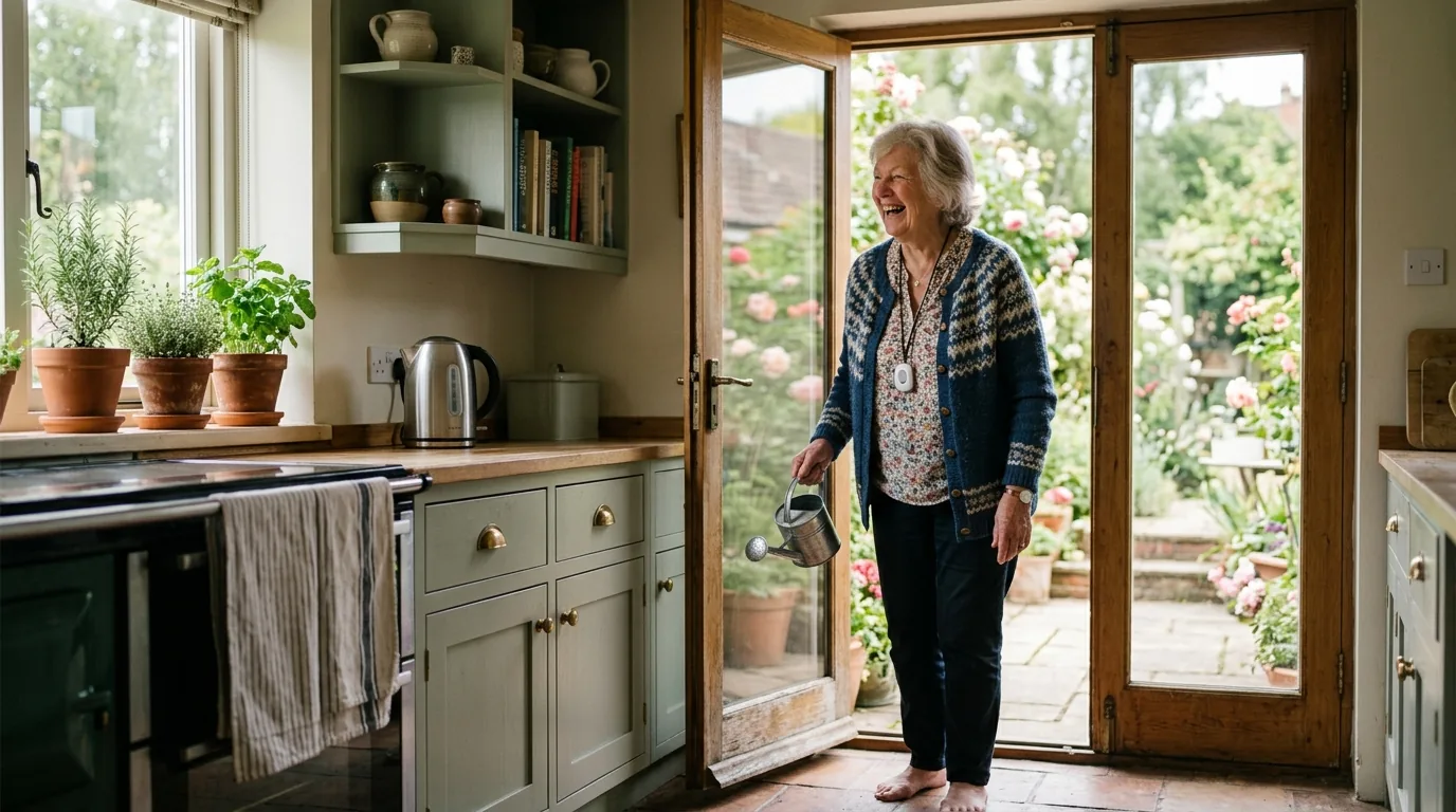 A woman in her late seventies standing in a bright British kitchen doorway holding a watering can and laughing, a small white pendant alarm on a cord worn over her cardigan.