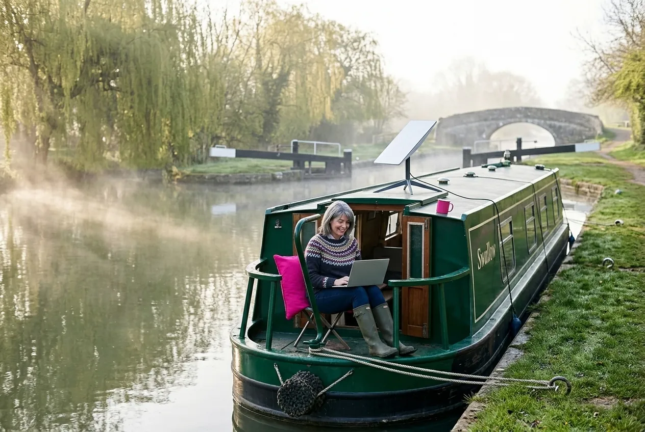 A woman works on her laptop on the back deck of a moored narrowboat on the Kennet and Avon Canal, with a Starlink dish on a low mount on the cabin roof.