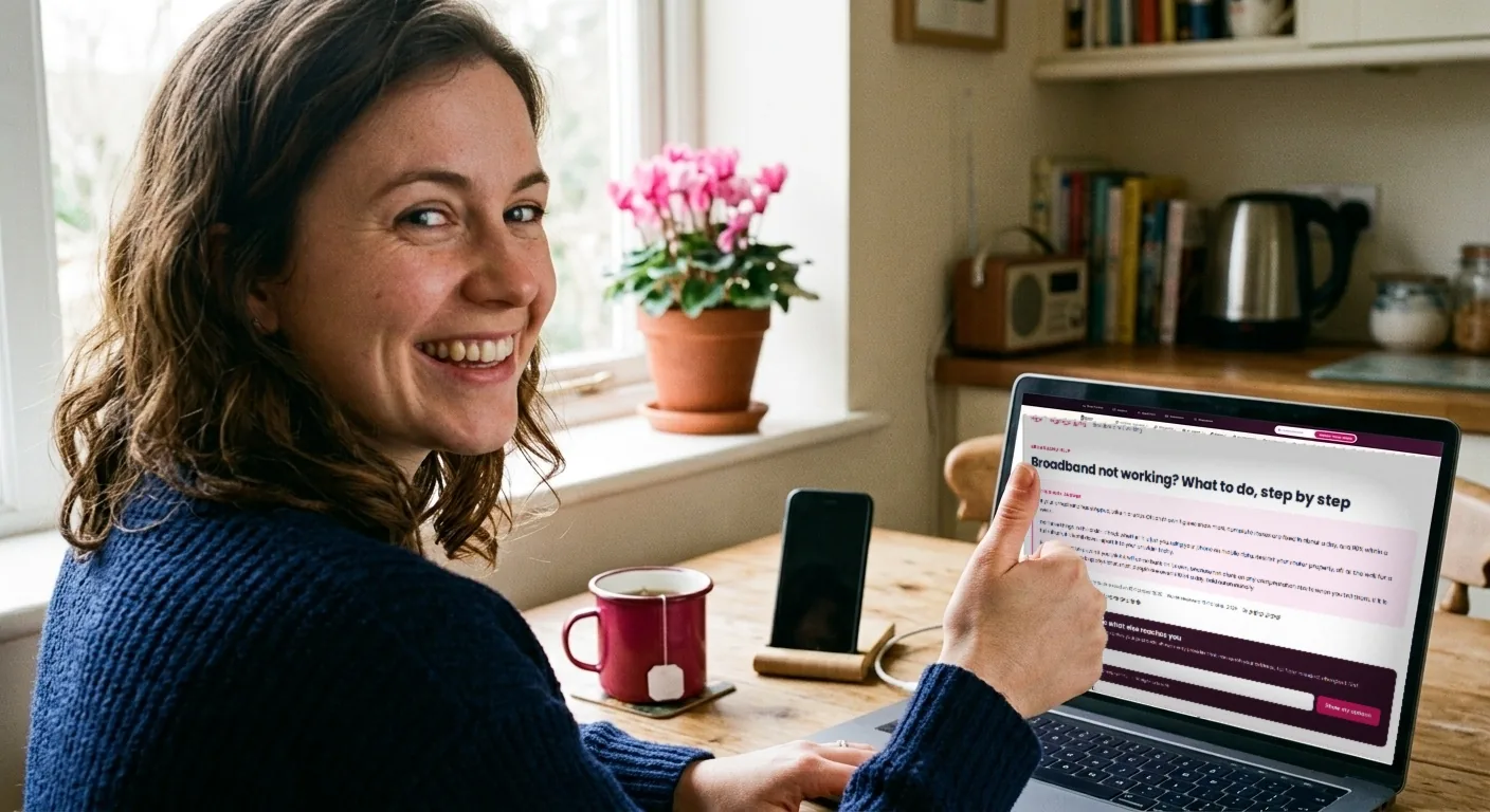 A young woman at a kitchen table giving a thumbs up, working on her laptop through her phone’s hotspot while her broadband is being fixed.